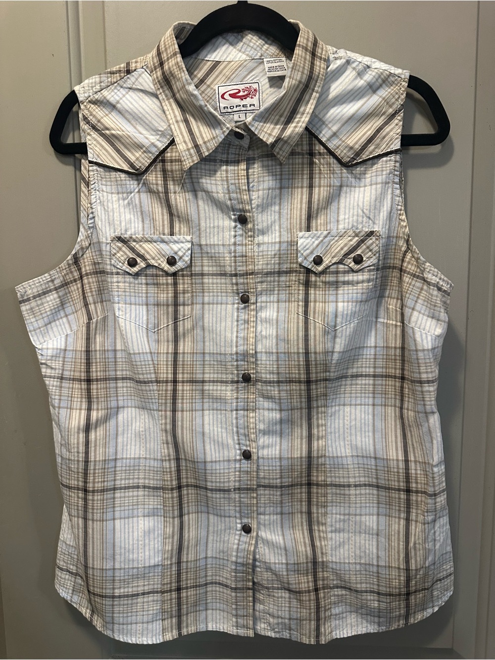 Roper Size L Plaid Cotton Sleeveless Western Shirt Pre-owned